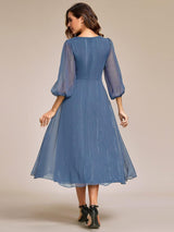 ever EMBER|See-Through Long Sleeve Twist Knot A-Line Lotus Leaf Shimmering Evening Dress