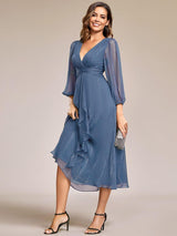 ever EMBER|See-Through Long Sleeve Twist Knot A-Line Lotus Leaf Shimmering Evening Dress