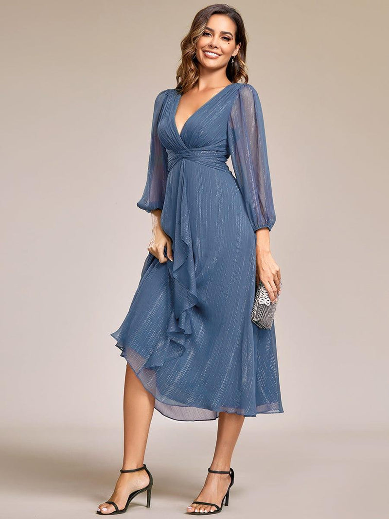 ever EMBER|See-Through Long Sleeve Twist Knot A-Line Lotus Leaf Shimmering Evening Dress