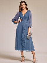 ever EMBER|See-Through Long Sleeve Twist Knot A-Line Lotus Leaf Shimmering Evening Dress