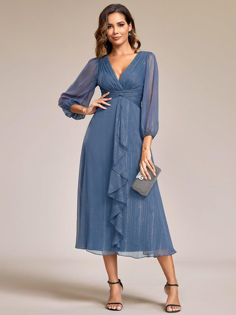 ever EMBER|See-Through Long Sleeve Twist Knot A-Line Lotus Leaf Shimmering Evening Dress