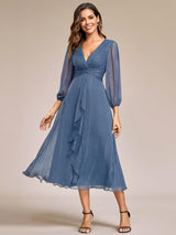 ever EMBER|See-Through Long Sleeve Twist Knot A-Line Lotus Leaf Shimmering Evening Dress