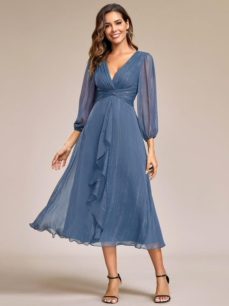 ever EMBER|See-Through Long Sleeve Twist Knot A-Line Lotus Leaf Shimmering Evening Dress