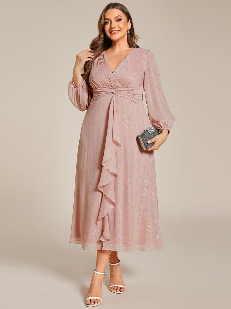 ever EMBER|See-Through Long Sleeve Twist Knot A-Line Lotus Leaf Shimmering Evening Dress