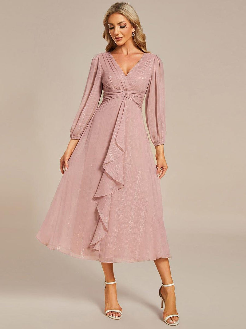 ever EMBER|See-Through Long Sleeve Twist Knot A-Line Lotus Leaf Shimmering Evening Dress