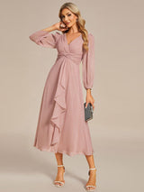 ever EMBER|See-Through Long Sleeve Twist Knot A-Line Lotus Leaf Shimmering Evening Dress