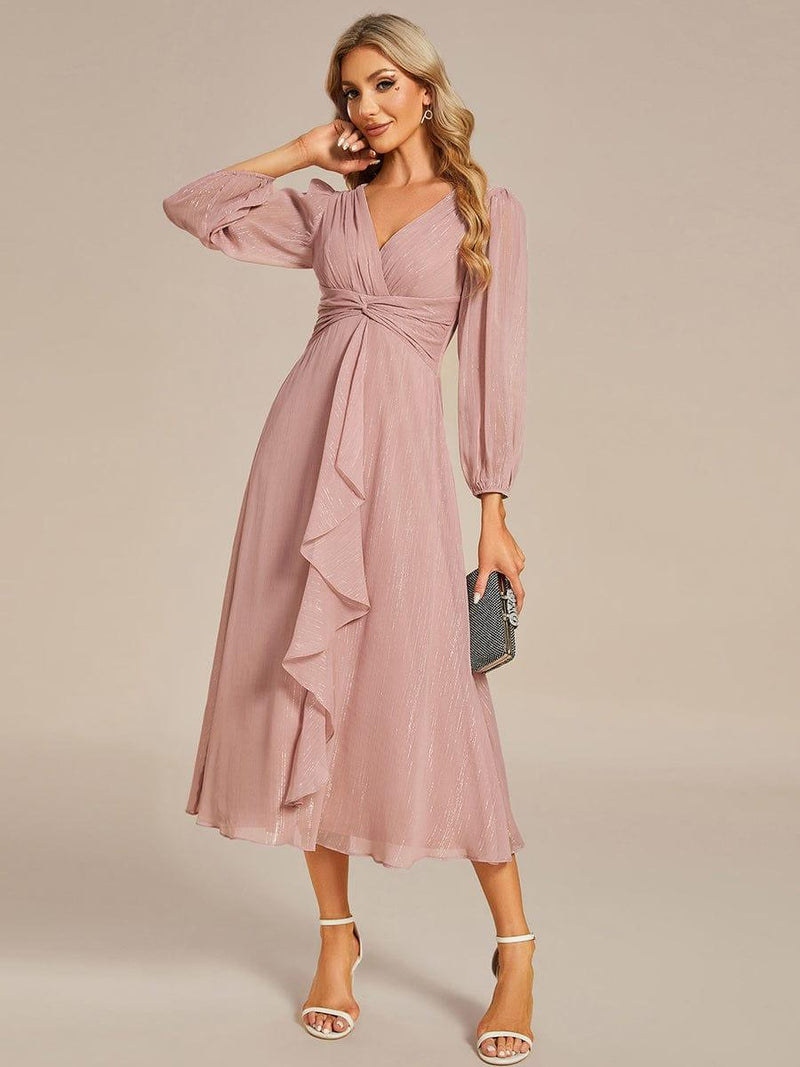 ever EMBER|See-Through Long Sleeve Twist Knot A-Line Lotus Leaf Shimmering Evening Dress