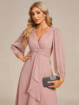 ever EMBER|See-Through Long Sleeve Twist Knot A-Line Lotus Leaf Shimmering Evening Dress