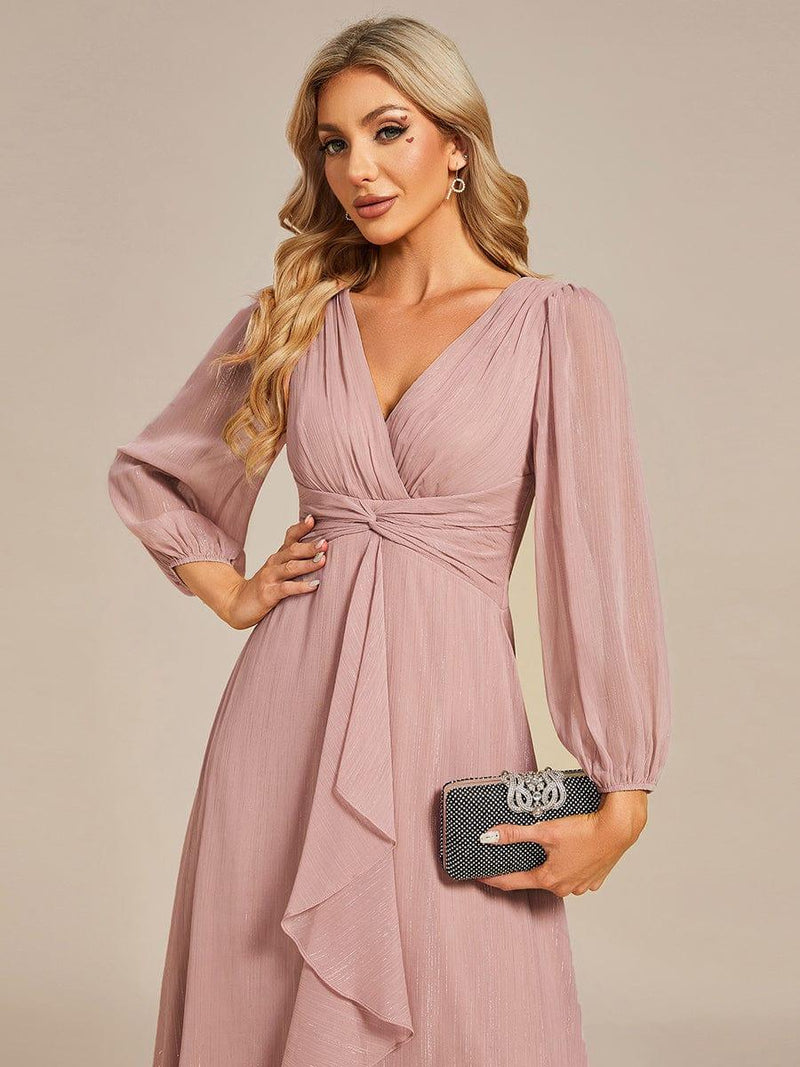 ever EMBER|See-Through Long Sleeve Twist Knot A-Line Lotus Leaf Shimmering Evening Dress