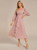 ever EMBER|See-Through Long Sleeve Twist Knot A-Line Lotus Leaf Shimmering Evening Dress