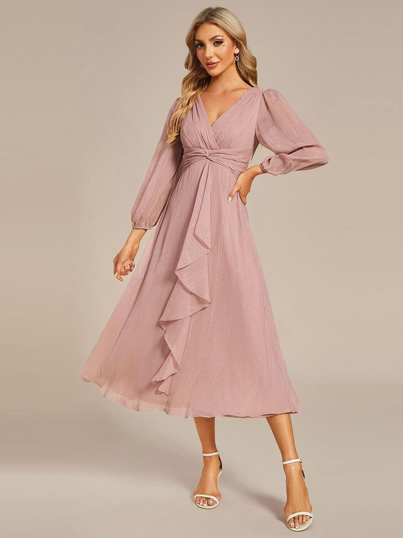 ever EMBER|See-Through Long Sleeve Twist Knot A-Line Lotus Leaf Shimmering Evening Dress