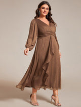 ever EMBER|See-Through Long Sleeve Twist Knot A-Line Lotus Leaf Shimmering Evening Dress