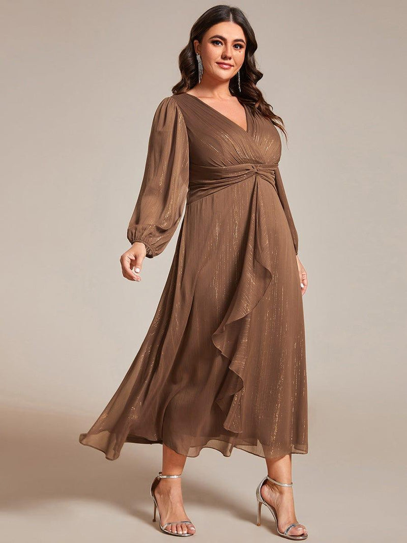 ever EMBER|See-Through Long Sleeve Twist Knot A-Line Lotus Leaf Shimmering Evening Dress