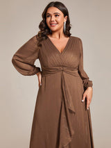 ever EMBER|See-Through Long Sleeve Twist Knot A-Line Lotus Leaf Shimmering Evening Dress