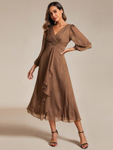 ever EMBER|See-Through Long Sleeve Twist Knot A-Line Lotus Leaf Shimmering Evening Dress
