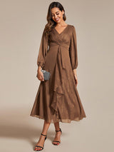 ever EMBER|See-Through Long Sleeve Twist Knot A-Line Lotus Leaf Shimmering Evening Dress