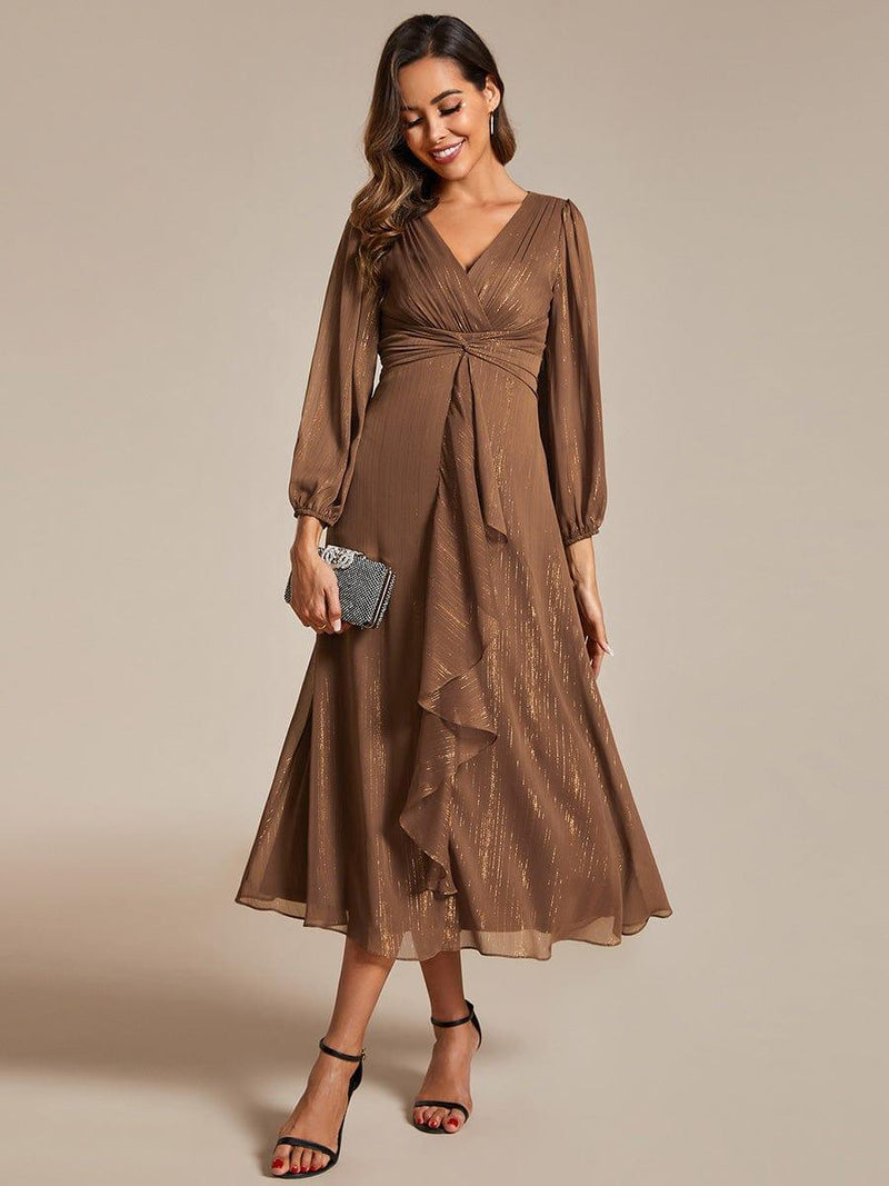 ever EMBER|See-Through Long Sleeve Twist Knot A-Line Lotus Leaf Shimmering Evening Dress