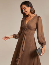 ever EMBER|See-Through Long Sleeve Twist Knot A-Line Lotus Leaf Shimmering Evening Dress