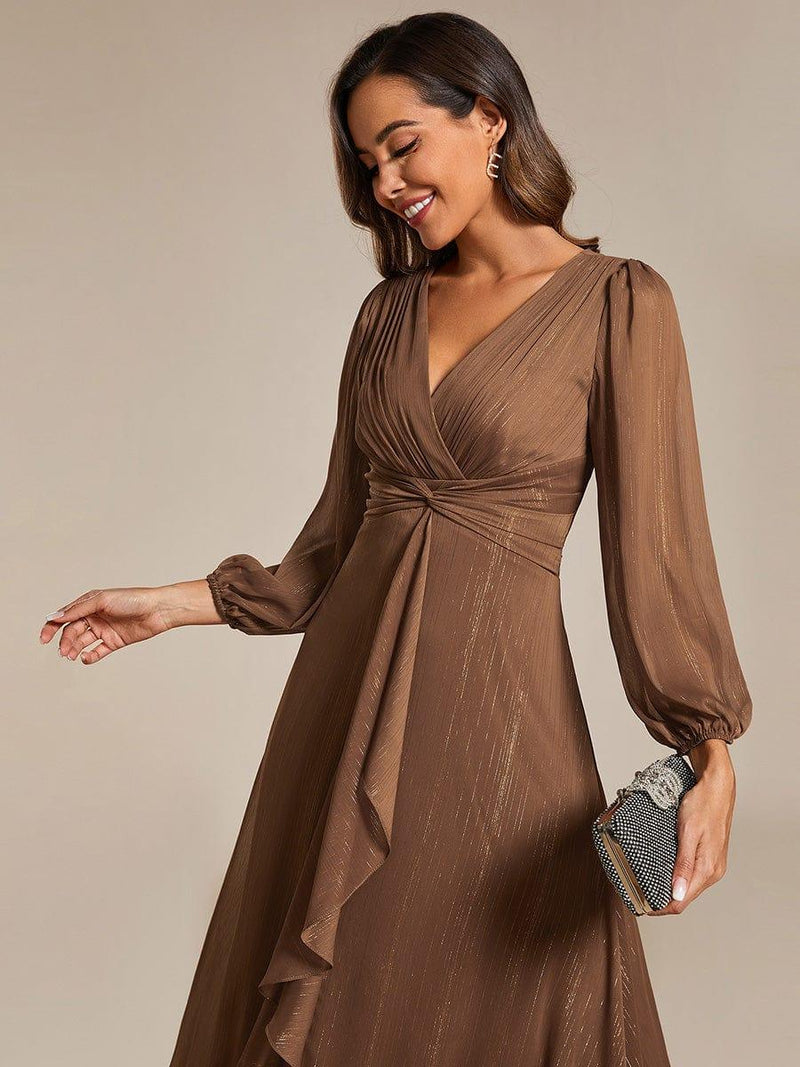 ever EMBER|See-Through Long Sleeve Twist Knot A-Line Lotus Leaf Shimmering Evening Dress