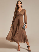 ever EMBER|See-Through Long Sleeve Twist Knot A-Line Lotus Leaf Shimmering Evening Dress