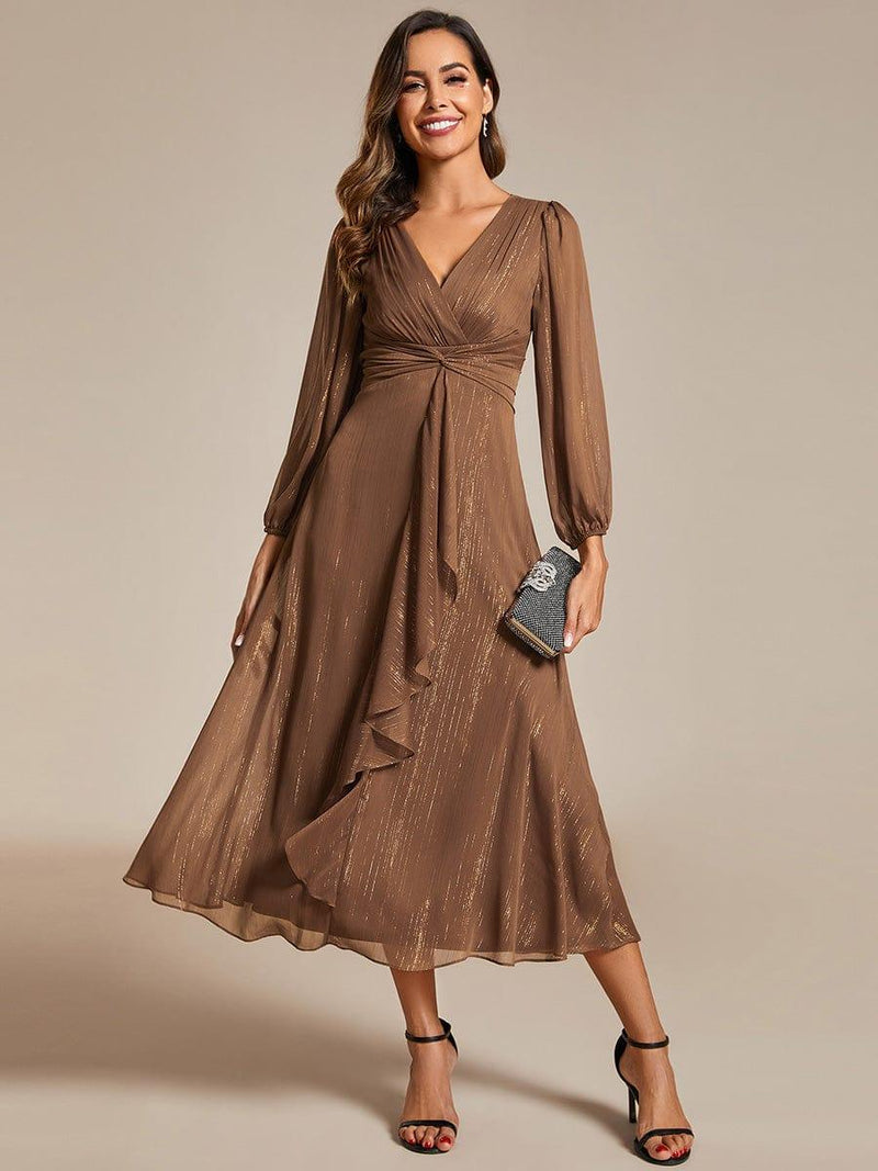 ever EMBER|See-Through Long Sleeve Twist Knot A-Line Lotus Leaf Shimmering Evening Dress