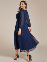 ever EMBER|See-Through Long Sleeve Twist Knot A-Line Lotus Leaf Shimmering Evening Dress