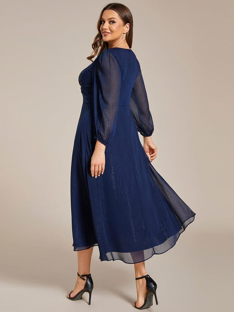 ever EMBER|See-Through Long Sleeve Twist Knot A-Line Lotus Leaf Shimmering Evening Dress