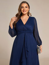 ever EMBER|See-Through Long Sleeve Twist Knot A-Line Lotus Leaf Shimmering Evening Dress