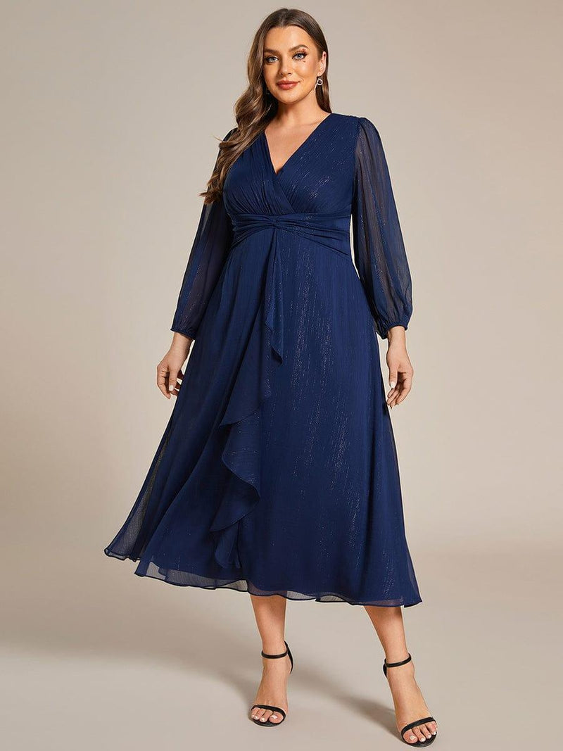 ever EMBER|See-Through Long Sleeve Twist Knot A-Line Lotus Leaf Shimmering Evening Dress