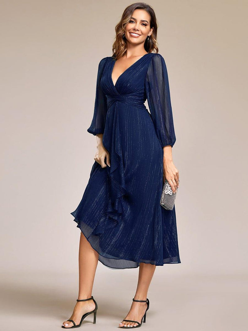 ever EMBER|See-Through Long Sleeve Twist Knot A-Line Lotus Leaf Shimmering Evening Dress