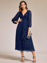 ever EMBER|See-Through Long Sleeve Twist Knot A-Line Lotus Leaf Shimmering Evening Dress