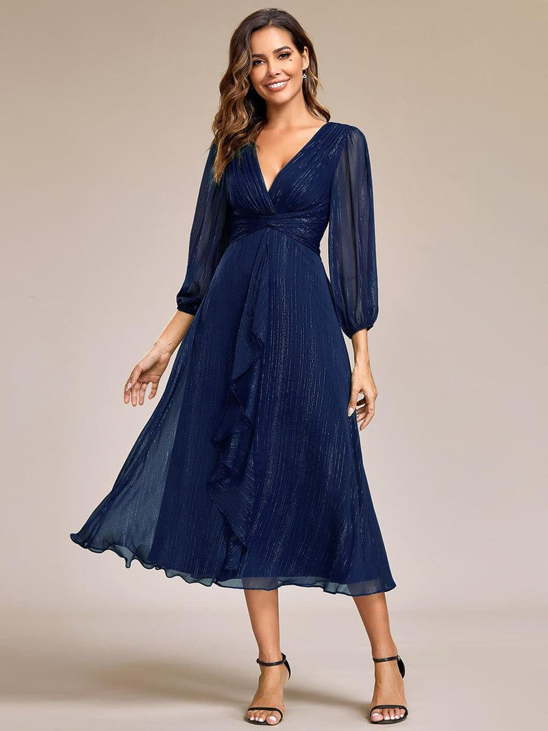 ever EMBER|See-Through Long Sleeve Twist Knot A-Line Lotus Leaf Shimmering Evening Dress