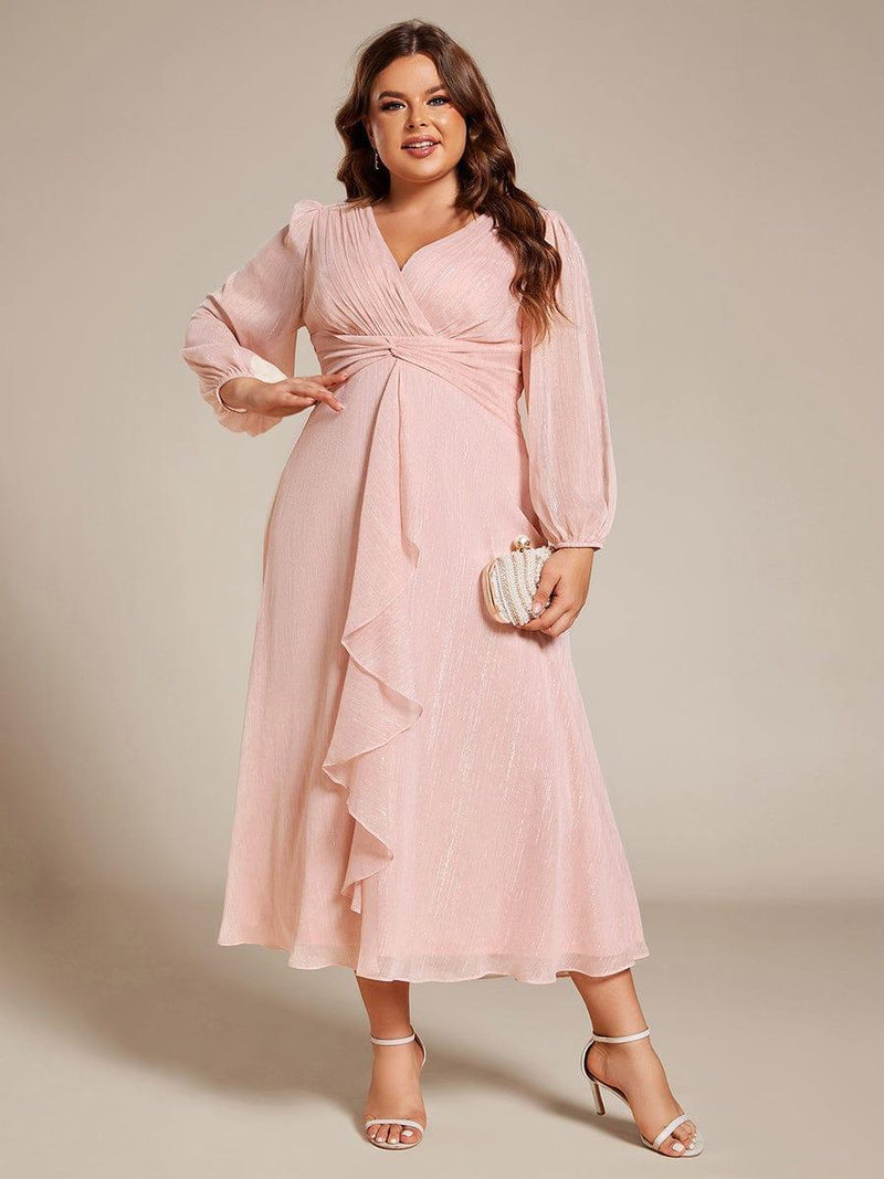 ever EMBER|See-Through Long Sleeve Twist Knot A-Line Lotus Leaf Shimmering Evening Dress