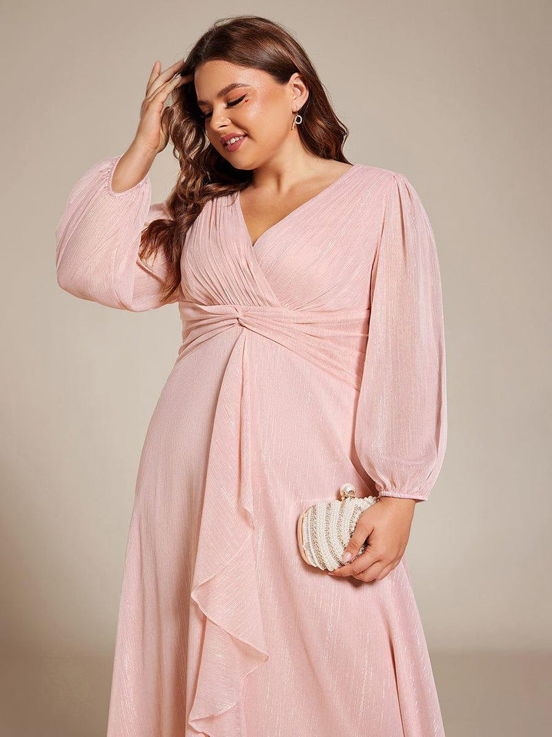 ever EMBER|See-Through Long Sleeve Twist Knot A-Line Lotus Leaf Shimmering Evening Dress