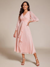 ever EMBER|See-Through Long Sleeve Twist Knot A-Line Lotus Leaf Shimmering Evening Dress