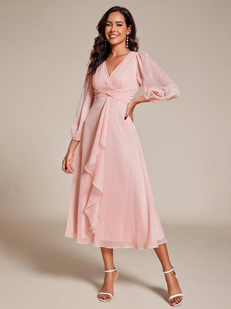 ever EMBER|See-Through Long Sleeve Twist Knot A-Line Lotus Leaf Shimmering Evening Dress