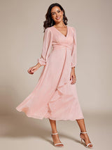 ever EMBER|See-Through Long Sleeve Twist Knot A-Line Lotus Leaf Shimmering Evening Dress