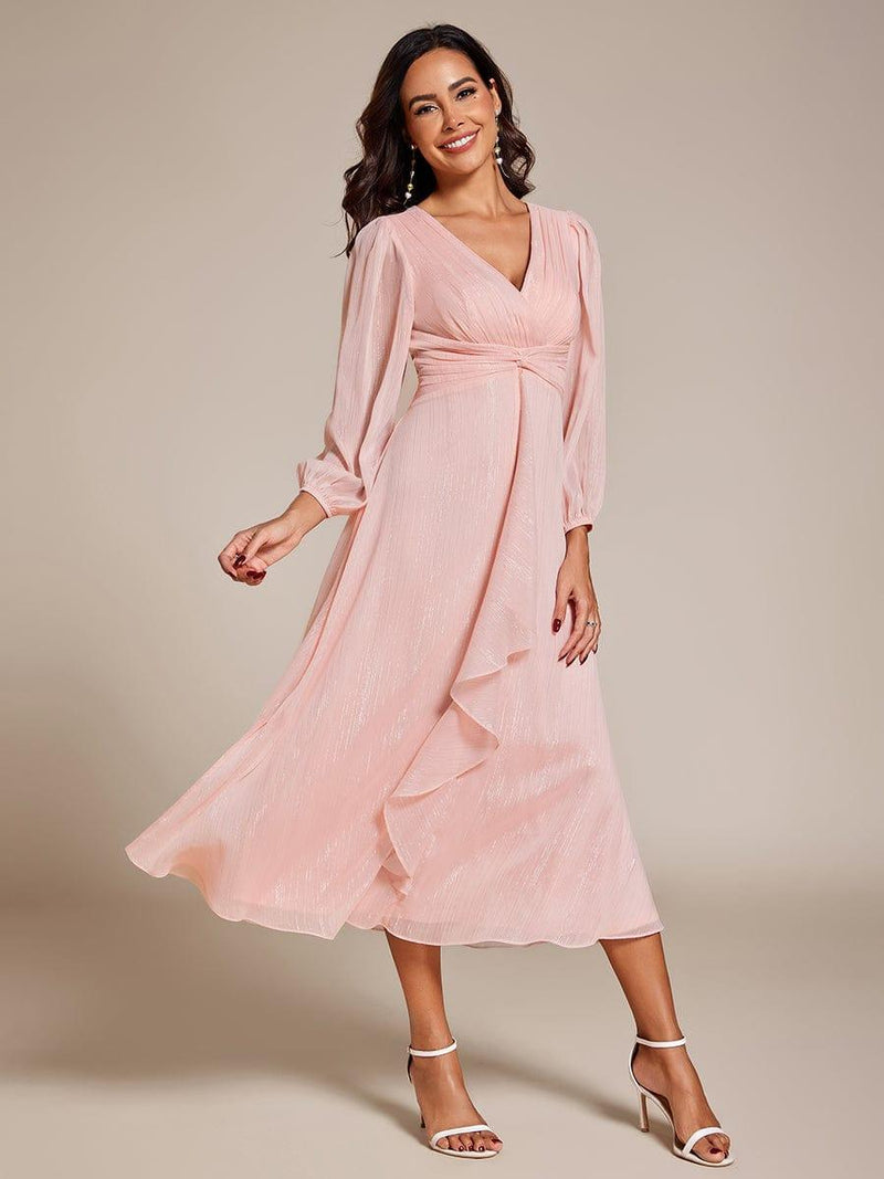 ever EMBER|See-Through Long Sleeve Twist Knot A-Line Lotus Leaf Shimmering Evening Dress