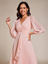 ever EMBER|See-Through Long Sleeve Twist Knot A-Line Lotus Leaf Shimmering Evening Dress