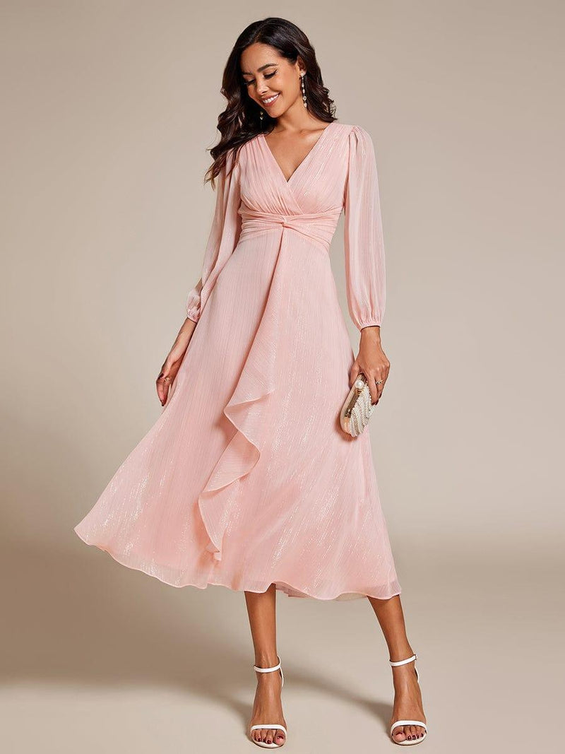 ever EMBER|See-Through Long Sleeve Twist Knot A-Line Lotus Leaf Shimmering Evening Dress
