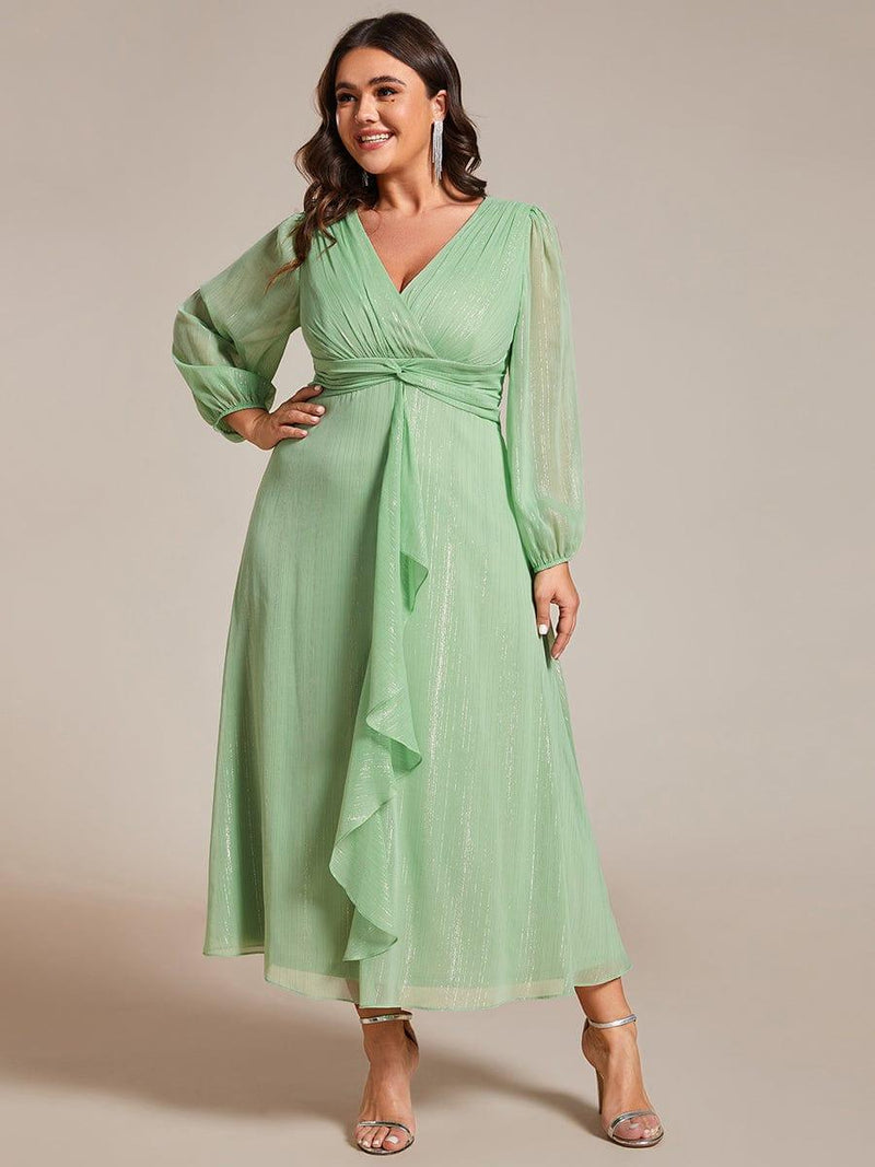 ever EMBER|See-Through Long Sleeve Twist Knot A-Line Lotus Leaf Shimmering Evening Dress
