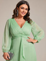 ever EMBER|See-Through Long Sleeve Twist Knot A-Line Lotus Leaf Shimmering Evening Dress