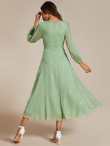 ever EMBER|See-Through Long Sleeve Twist Knot A-Line Lotus Leaf Shimmering Evening Dress