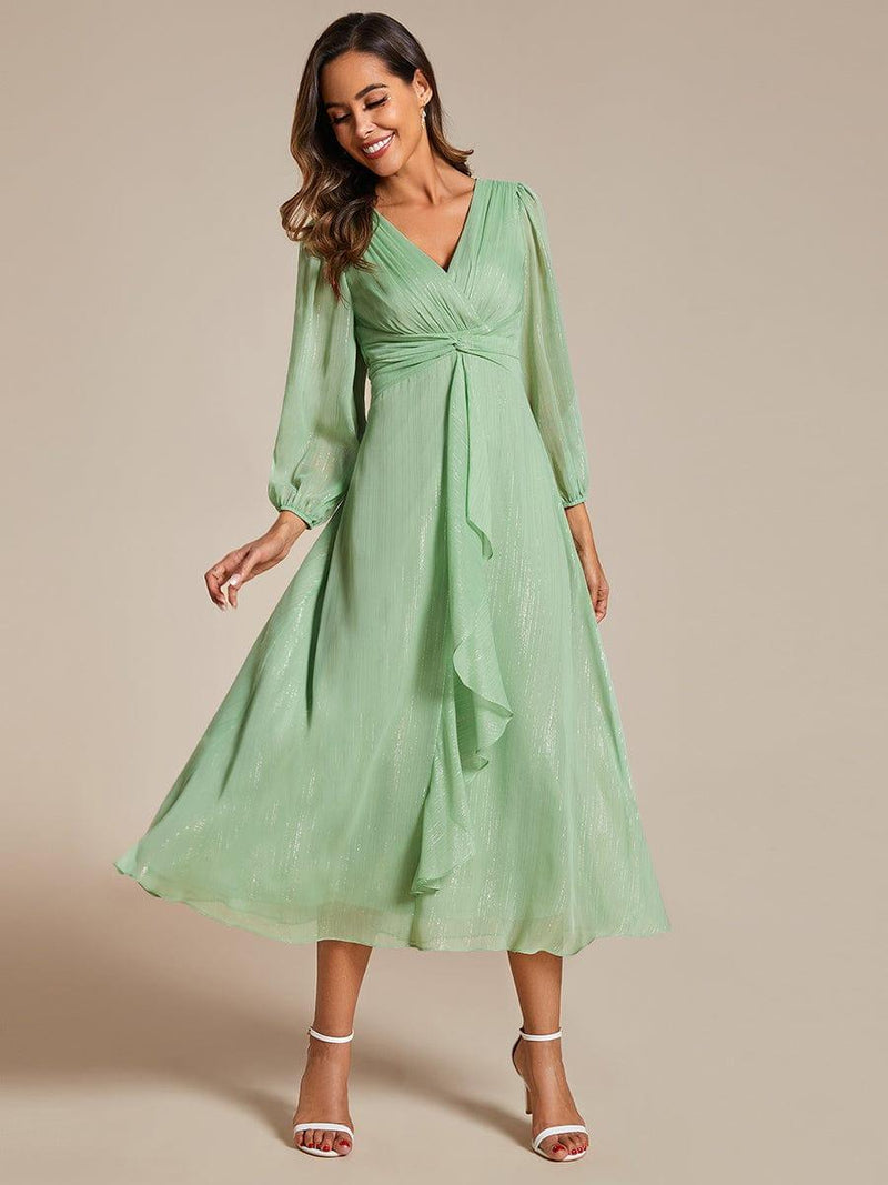 ever EMBER|See-Through Long Sleeve Twist Knot A-Line Lotus Leaf Shimmering Evening Dress
