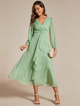 ever EMBER|See-Through Long Sleeve Twist Knot A-Line Lotus Leaf Shimmering Evening Dress