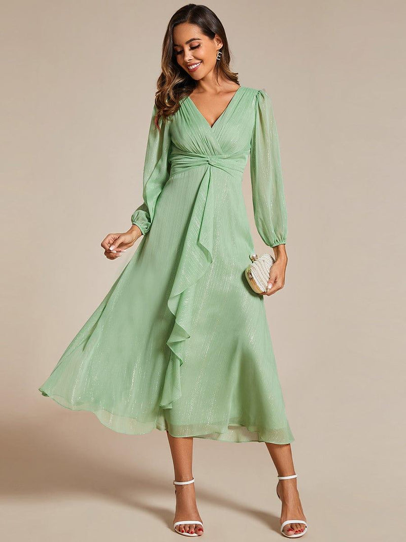 ever EMBER|See-Through Long Sleeve Twist Knot A-Line Lotus Leaf Shimmering Evening Dress