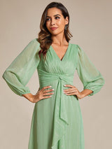 ever EMBER|See-Through Long Sleeve Twist Knot A-Line Lotus Leaf Shimmering Evening Dress