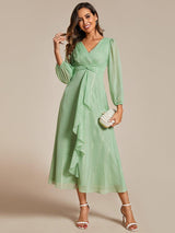 ever EMBER|See-Through Long Sleeve Twist Knot A-Line Lotus Leaf Shimmering Evening Dress