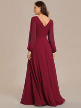 ever ESMÉE|Pleated Double V-Neck Long Sleeves Shiny Belt Chiffon Evening Dress