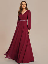 ever ESMÉE|Pleated Double V-Neck Long Sleeves Shiny Belt Chiffon Evening Dress